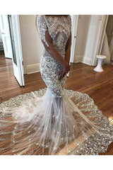 Modern Mermaid Long Sleeves Lace Wedding Dress Modern Flowers See Through Tulle Bride Dress-Ballbella