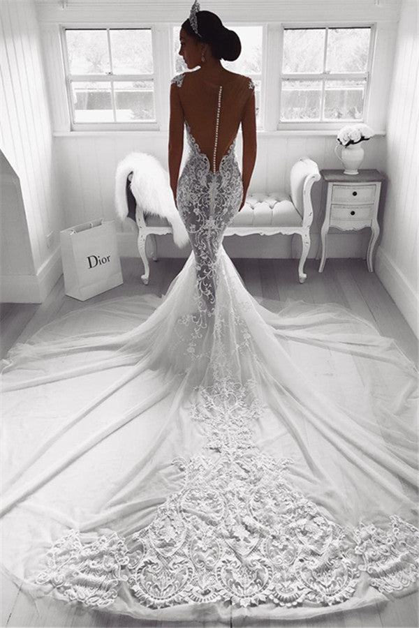 Modern Mermaid Straps Wedding Dresses Sheer Tulle Sleeveless Appliques Bridal Gowns-Ballbella