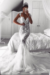 Modern Mermaid Straps Wedding Dresses Sheer Tulle Sleeveless Appliques Bridal Gowns-Ballbella