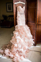 Modern Mermaid Sweetheart Wedding Dresses Pink Crystal Lace Up Lovely Ruffless Bridal Gowns-Ballbella