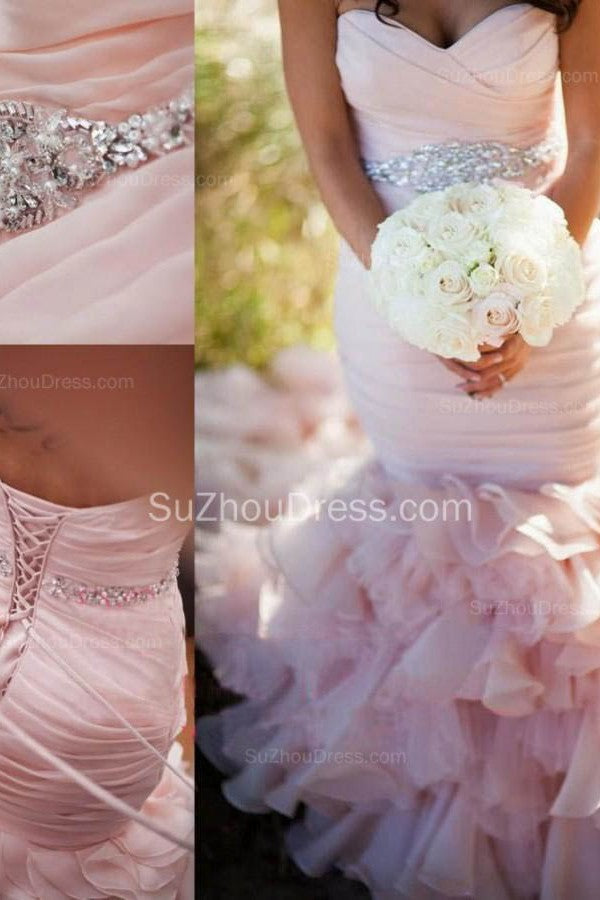 Modern Mermaid Sweetheart Wedding Dresses Pink Crystal Lace Up Lovely Ruffless Bridal Gowns-Ballbella