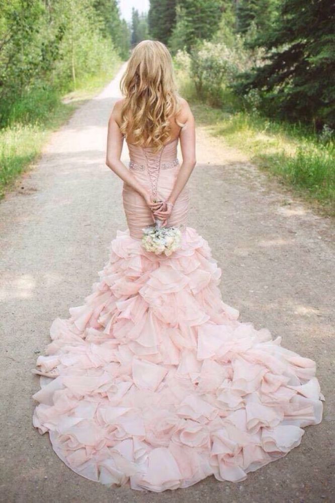 Modern Mermaid Sweetheart Wedding Dresses Pink Crystal Lace Up Lovely Ruffless Bridal Gowns-Ballbella