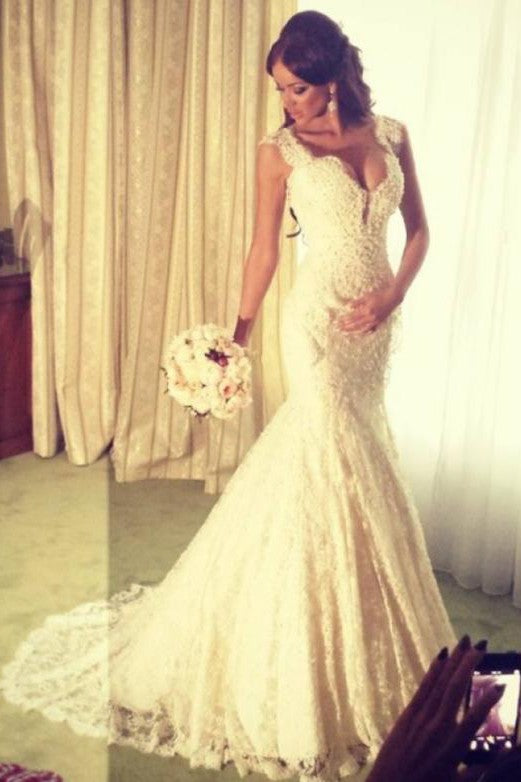 Modern Mermaid V neck Wedding Dress Sparkly Lace Bridal Gowns-Ballbella