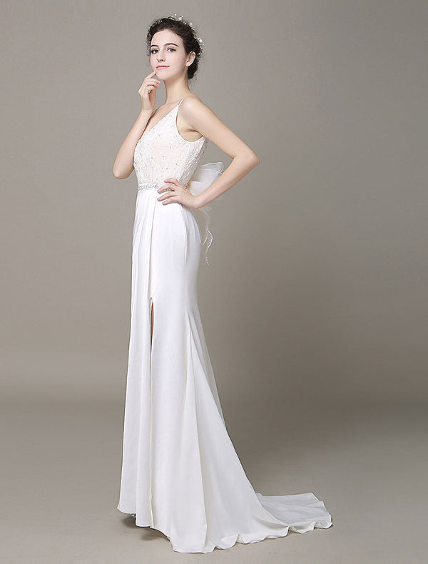 Modern Satin Sheath Wedding Dress Plunging Neckline Bow Back Belt Lace Beading Evening Dress Milanoo-Ballbella