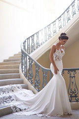 Modern Spaghetti Strap Wedding Dress Mermaid Chiffon Lace Bridal Gown-Ballbella