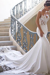 Modern Spaghetti Strap Wedding Dress Mermaid Chiffon Lace Bridal Gown-Ballbella