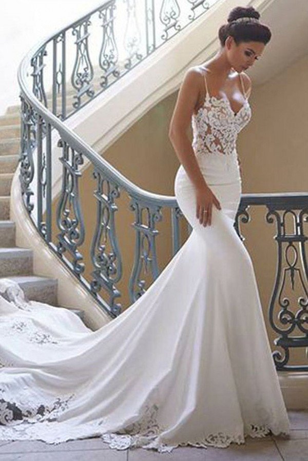 Modern Spaghetti Strap Wedding Dress Mermaid Chiffon Lace Bridal Gown-Ballbella