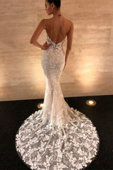 Modern Spaghetti Straps V Neck Lace Mermaid Wedding Dress-Ballbella