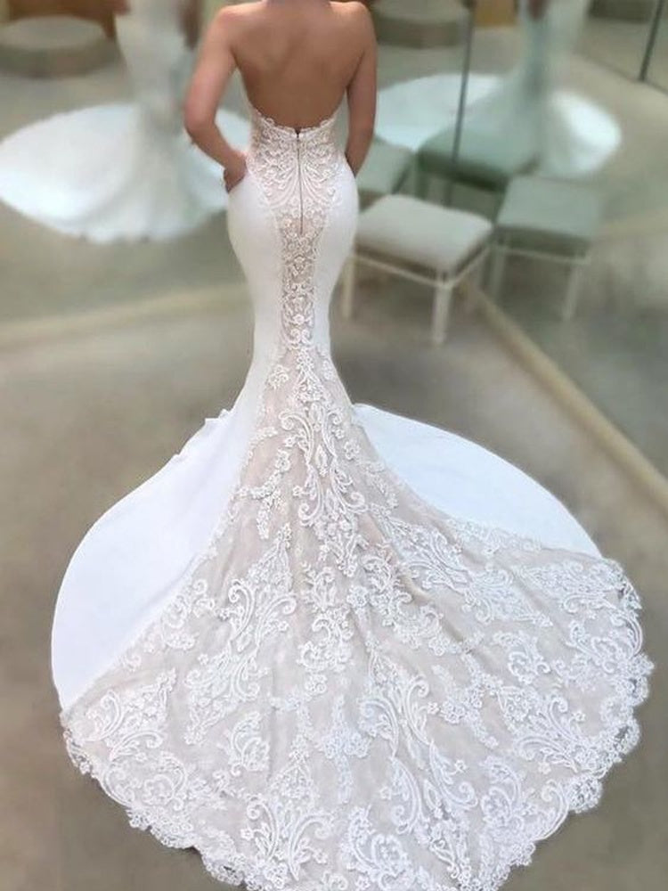 Modern Strapless Lace Wedding Dresses Online Classic Mermaid Open Back Bridal Gowns-Ballbella