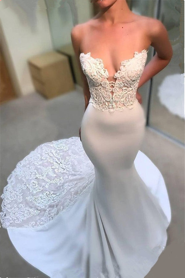 Modern Strapless Lace Wedding Dresses Online Classic Mermaid Open Back Bridal Gowns-Ballbella