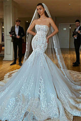 Modern Strapless Mermaid Puffy Appliques Bridal Bridal Gowns-Ballbella