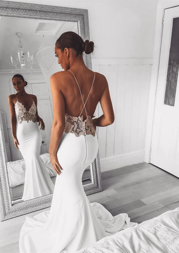 Modern V Neck Lace Spaghetti Strap Mermaid Wedding Dress Open Back Bridal Gown-Ballbella