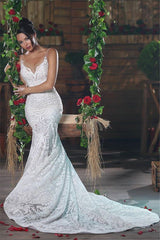 Modern V neck Mermaid Wedding Dresses Long Charming Lace Ope Back Tulle Straps Bridal Gowns-Ballbella