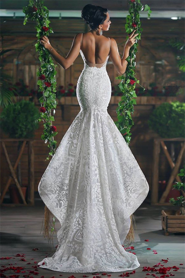 Modern V neck Mermaid Wedding Dresses Long Charming Lace Ope Back Tulle Straps Bridal Gowns-Ballbella