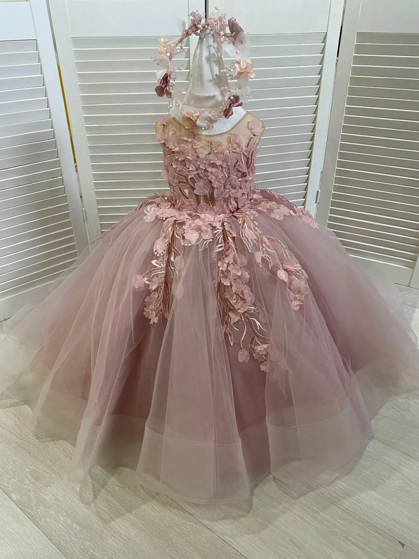 Modest Sleeveless Ball Gown Flower Girls Dress With Appliques-Ballbella