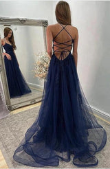 Navy Blue Halter Front Slit Spaghetti Straps A-Line Tulle Prom Dress-Ballbella