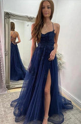 Navy Blue Halter Front Slit Spaghetti Straps A-Line Tulle Prom Dress-Ballbella