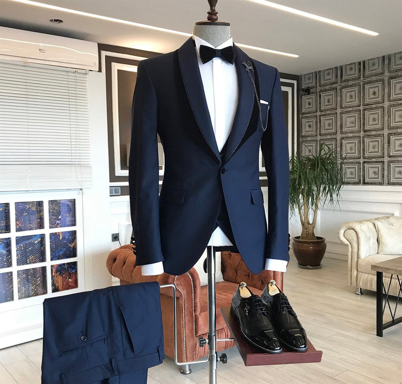 Ballbella is your ultimate source for Navy Blue Shawl Lapel One Button Wedding Groom Suits. Our Dark Navy Shawl Lapel wedding groom Men Suits come in Bespoke styles &amp; colors with high quality and free shipping.