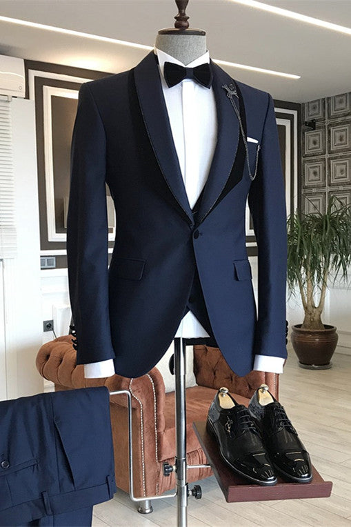 Ballbella is your ultimate source for Navy Blue Shawl Lapel One Button Wedding Groom Suits. Our Dark Navy Shawl Lapel wedding groom Men Suits come in Bespoke styles &amp; colors with high quality and free shipping.