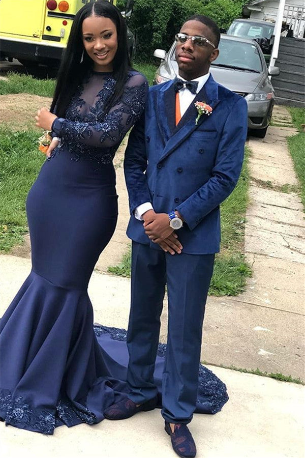 Navy Blue Velvet Men Suit Peaked Lapel Double Breasted Prom Suit-Ballbella