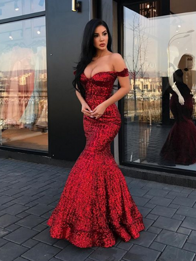 New Arrival Mermaid Charming Sequined Evening Dresses Off-The-Shoulder Floor Length Prom Dresses-Ballbella