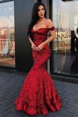 New Arrival Mermaid Charming Sequined Evening Dresses Off-The-Shoulder Floor Length Prom Dresses-Ballbella