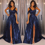 New Arrival Navy Blue One-Shoulder Sequins Prom Dresses Chic A-Line Side-Slit Evening Gowns-Ballbella