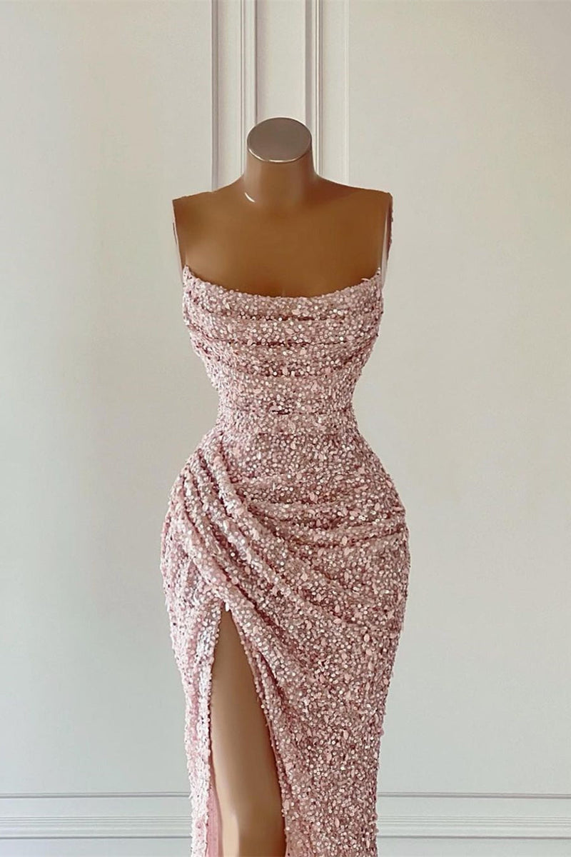 New Arrival Pink Sequins Sleeveless Evening Dresses With Split-Ballbella