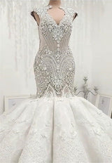 New Arrival V Neck Cap Sleeve Beads Crystals Mermaid Wedding Dress Lace Applique-Ballbella