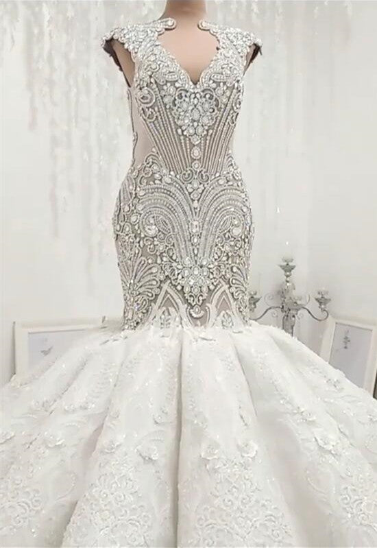 New Arrival V Neck Cap Sleeve Beads Crystals Mermaid Wedding Dress Lace Applique-Ballbella