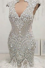 New Arrival V Neck Cap Sleeve Beads Crystals Mermaid Wedding Dress Lace Applique-Ballbella