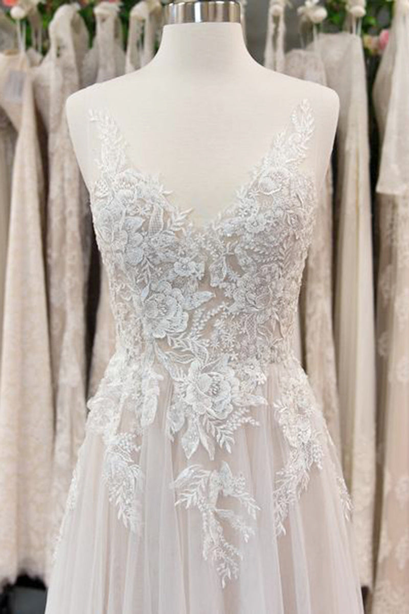 New Arrival V-neck Sleeveless Lace A line Wedding Dress-Ballbella