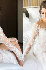 New Full Lace Split Wedding Dresses Illusion Back Bridal Gowns with Detachable Satin Skirt-Ballbella