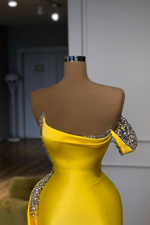 New One shoulder Bright Yellow Mentallic Sequins Overskirt Prom Dress-Ballbella