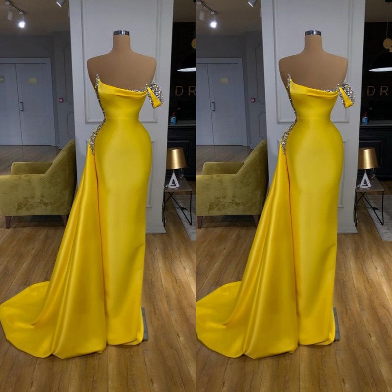 New One shoulder Bright Yellow Mentallic Sequins Overskirt Prom Dress-Ballbella