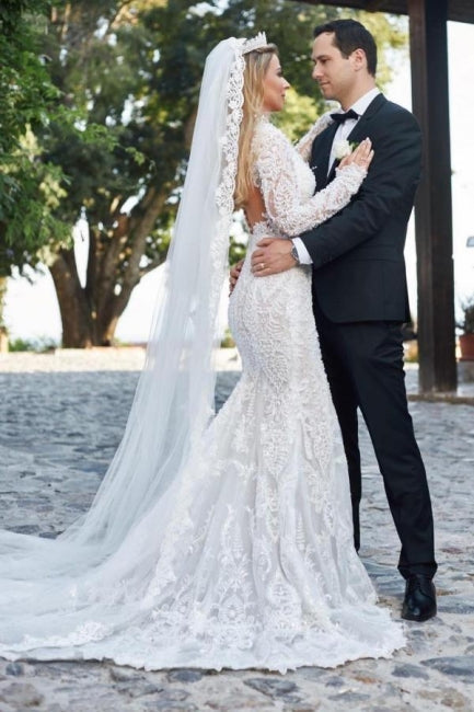 Noble vneck longsleeves mermaid lace Wedding Dresses-Ballbella