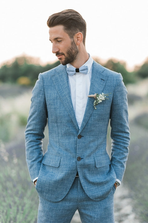 Ocean Blue Linen Summer Beach Groom Wedding Suits Casual Man Blazer Tuxedo-Ballbella