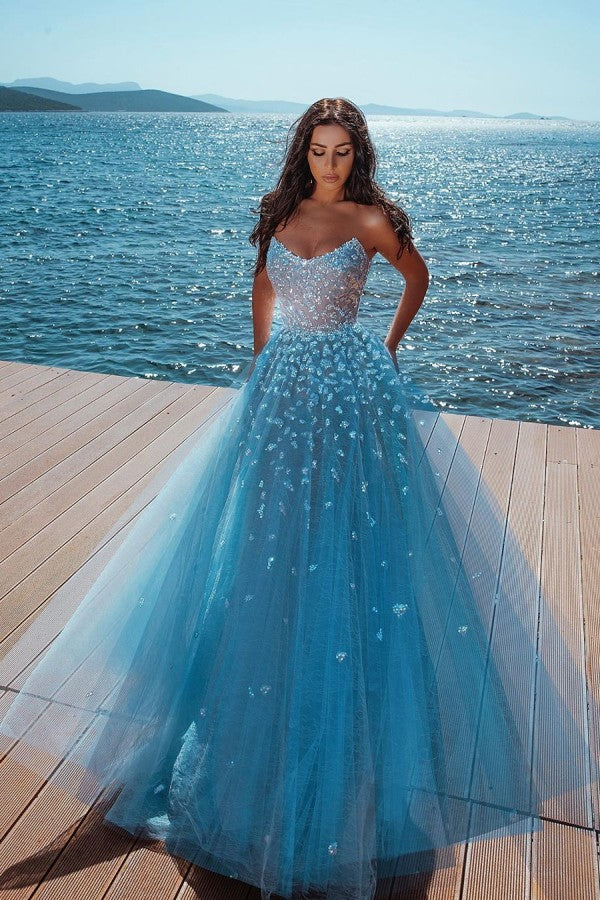 Ocean Blue Strapless Sparkle Beads Tulle Princess Prom Party Gowns-Ballbella