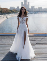 Off The Shoulder Appliques A line Wedding Dresses Side Split Tulle Bridal Gowns-Ballbella