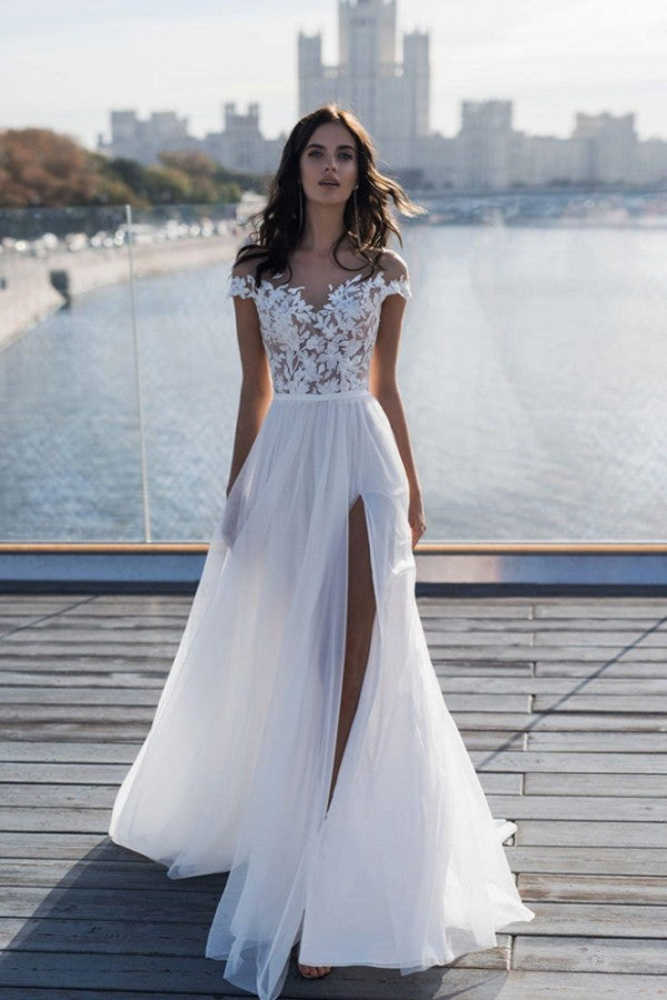 Off The Shoulder Appliques A line Wedding Dresses Side Split Tulle Bridal Gowns-Ballbella