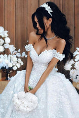 Off The Shoulder Appliques Luxurious Wedding Dresses Princess Ball Gown Modern Bride Dress-Ballbella