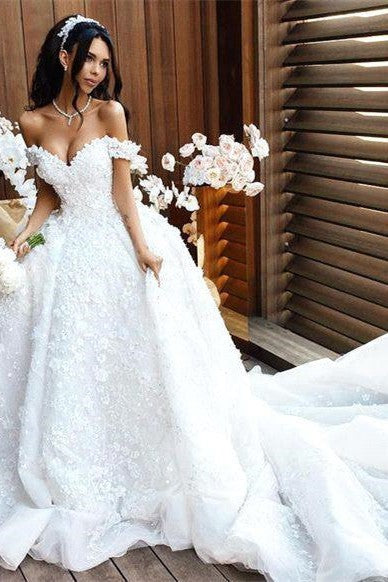 Off The Shoulder Appliques Luxurious Wedding Dresses Princess Ball Gown Modern Bride Dress-Ballbella