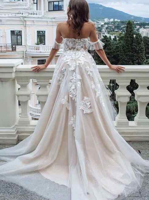 Off The Shoulder Appliques Wedding Dresses A line Tulle Bridal Gowns-Ballbella