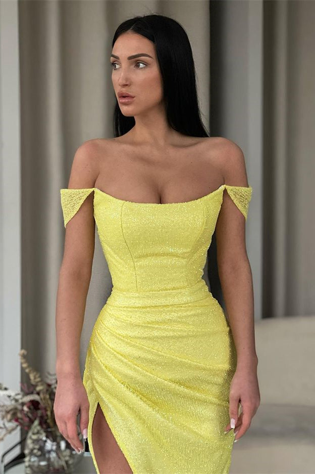 Off-the-Shoulder Daffodil Mermaid Prom Dress Sequins Long Split-Ballbella