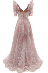 Off the shoulder Dusty Pink A-line Belt Evening Dresses-Ballbella