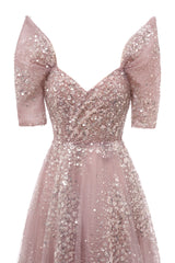 Off the shoulder Dusty Pink A-line Belt Evening Dresses-Ballbella