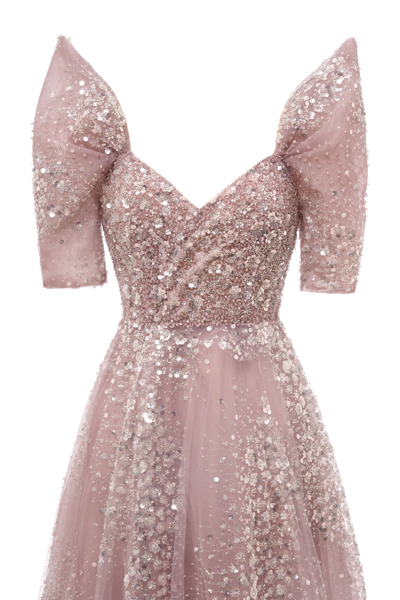 Off the shoulder Dusty Pink A-line Belt Evening Dresses-Ballbella