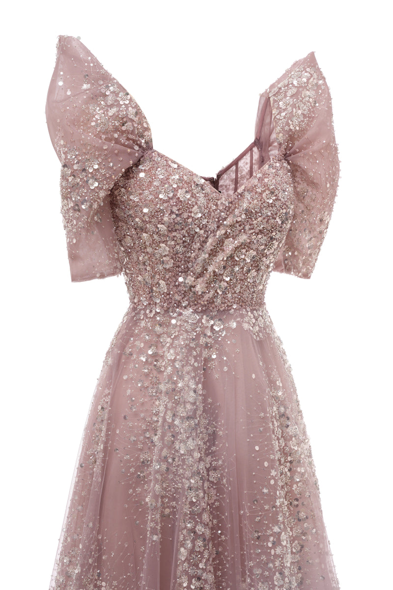 Off the shoulder Dusty Pink A-line Belt Evening Dresses-Ballbella