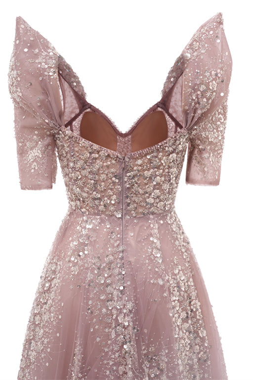 Off the shoulder Dusty Pink A-line Belt Evening Dresses-Ballbella