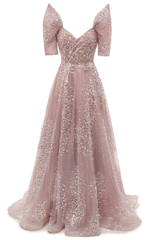 Off the shoulder Dusty Pink A-line Belt Evening Dresses-Ballbella